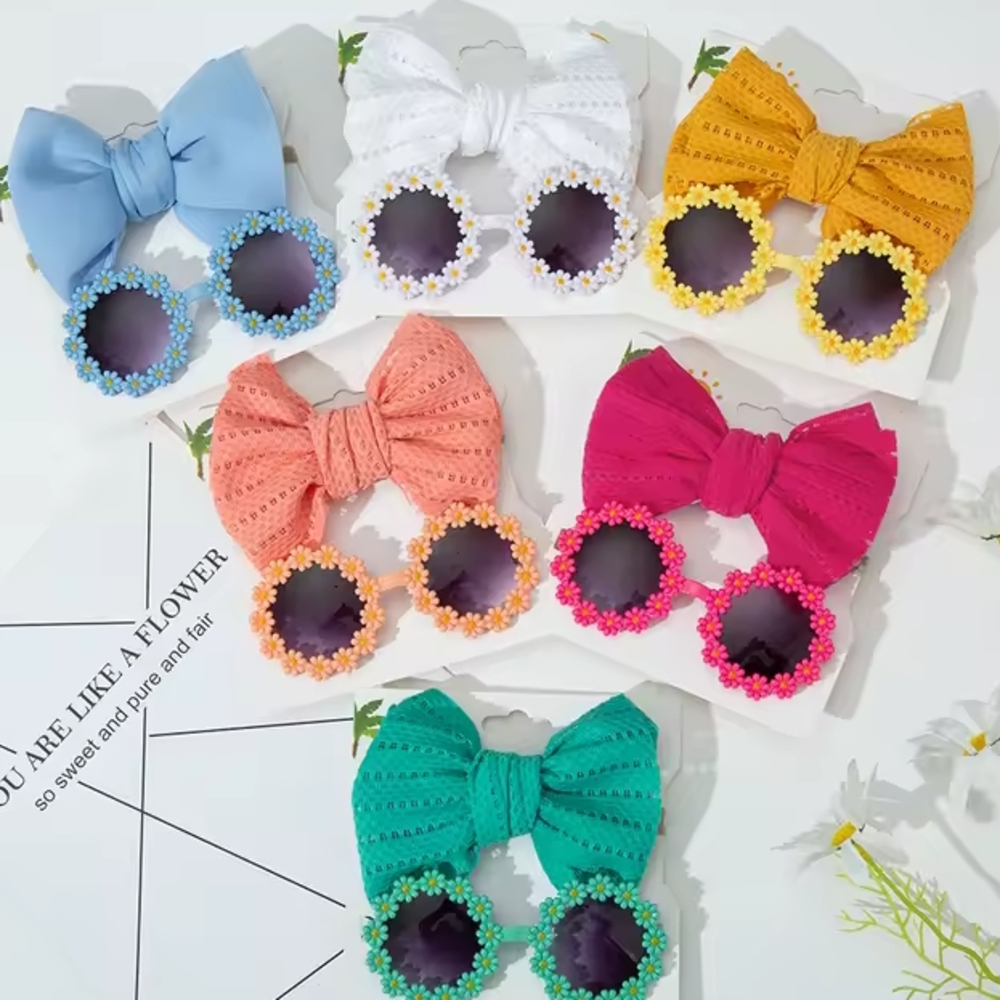 2Pcs/ Daisy Baby Sunglasses with Eyelet Bow Headband Set NWOT